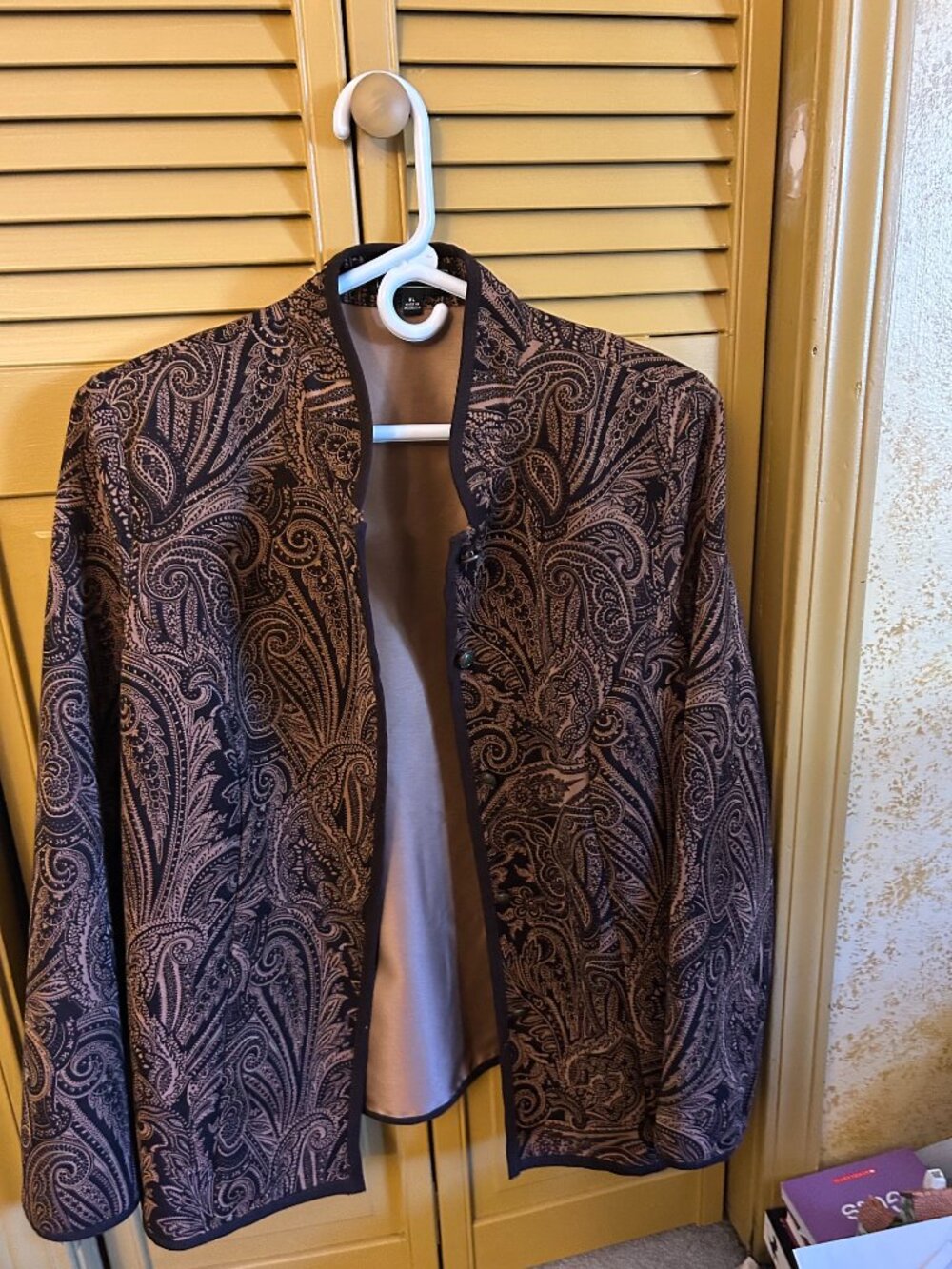 Vintage  Elementz     brown & gold paisley  jacquard open front blazer   sx  XL
